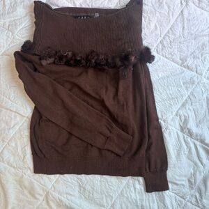 Chocolate Brown Off-Shoulder Sweater w Fur Pom Poms